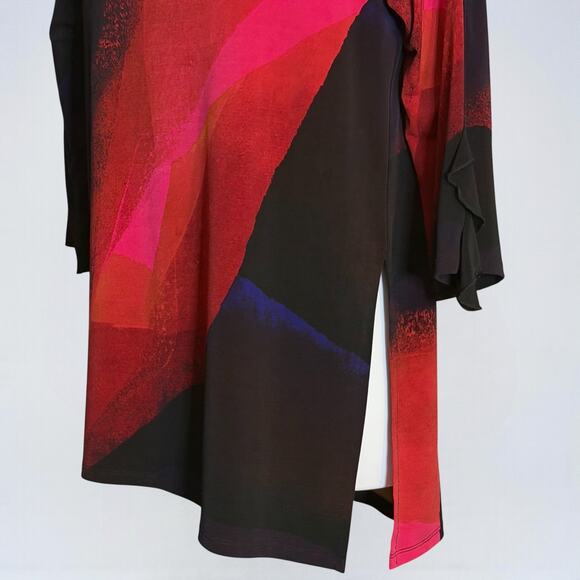 Clara Sun Woo Red Black Abstract Tunic Top Sz L Asym Hem Boho Sleeve Tie Detail - Picture 5 of 8